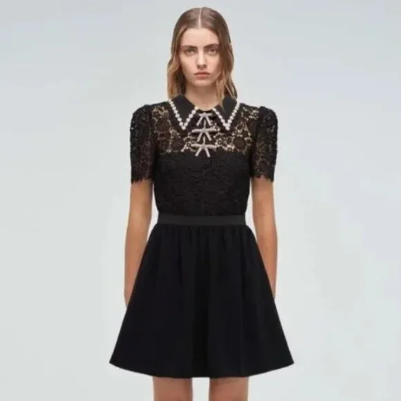 Self-Portrait | Dresses | Self Portrait Mini Lace Guuipure Black Dress  Diamante Detailing Us 6 Nwt | Poshmark